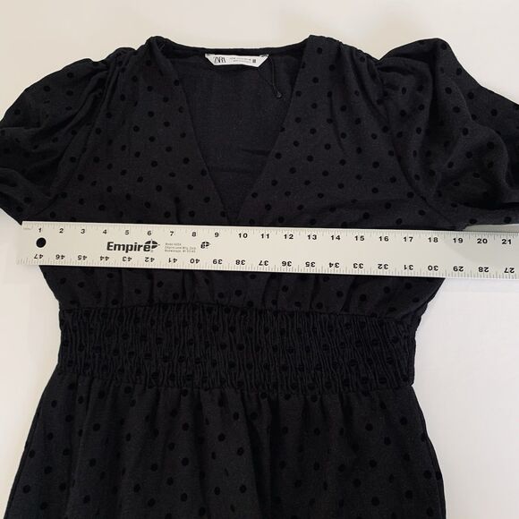 Zara Dress M Black Mini Velvet Polka Dot Long Sleeve Feminine Whimsygoth Peasant - Picture 4 of 8